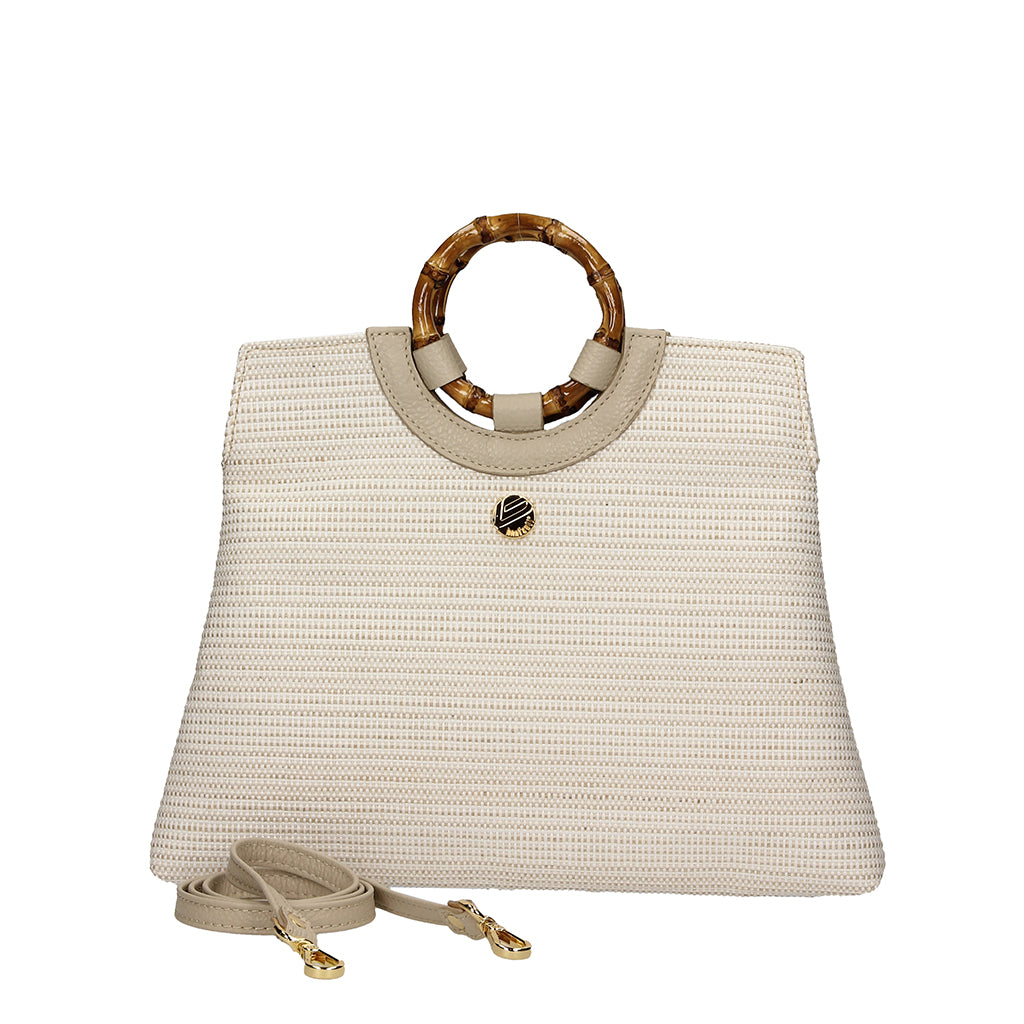 Beige woven handbag with bamboo handles and detachable strap