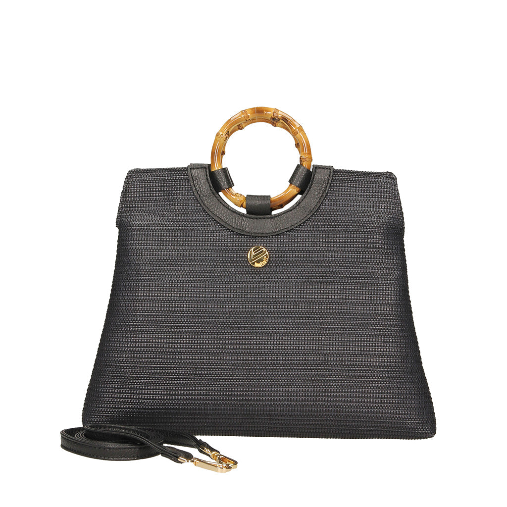 Black woven handbag with bamboo handle and detachable strap