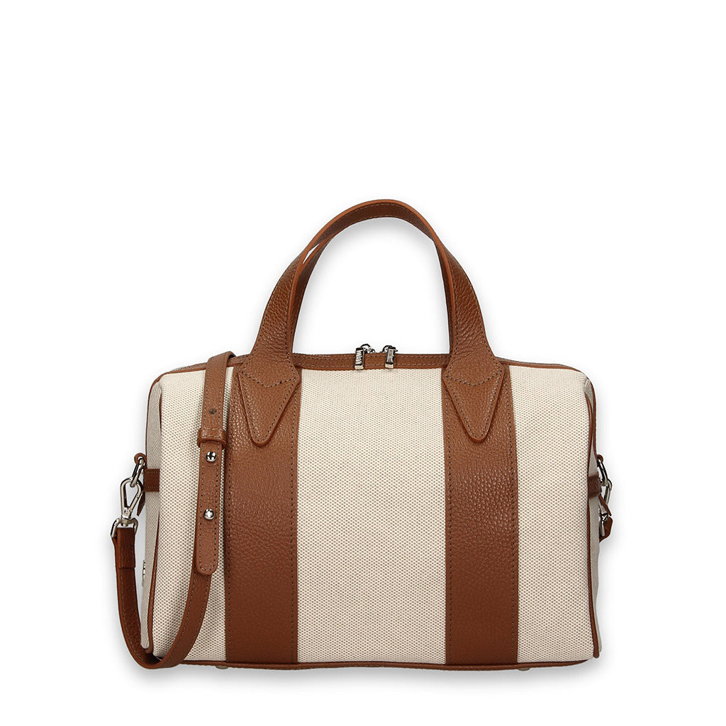 Tan and white striped canvas duffle bag with brown leather accents and handles