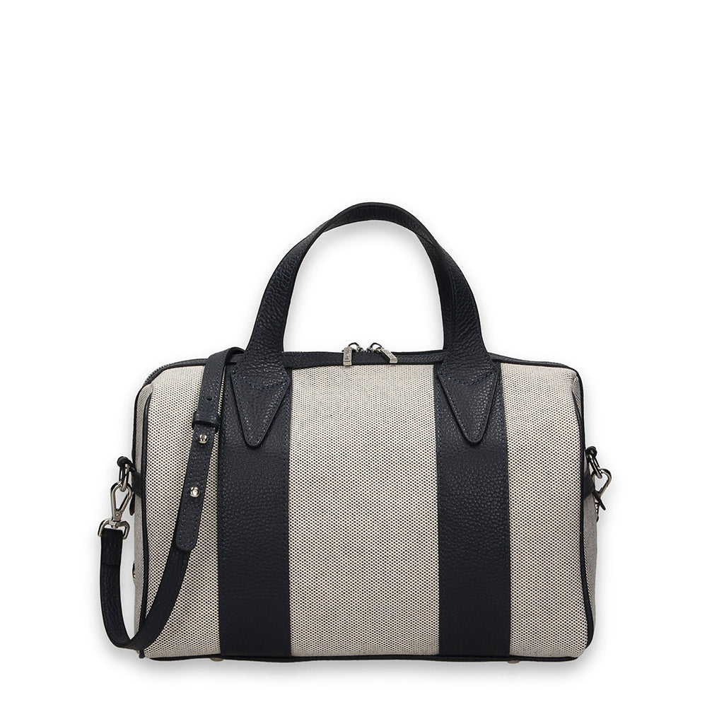 Gray and black striped handbag with shoulder strap and handles