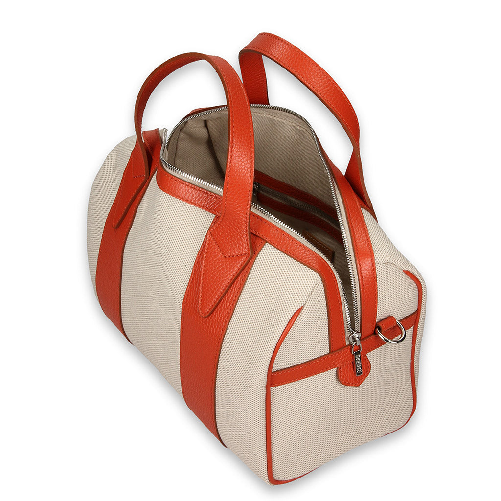 Orange and beige tote bag with dual handles and zip closure