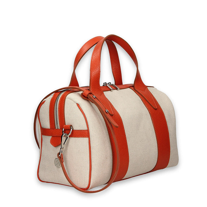 Orange and beige leather handbag with shoulder strap and top handles
