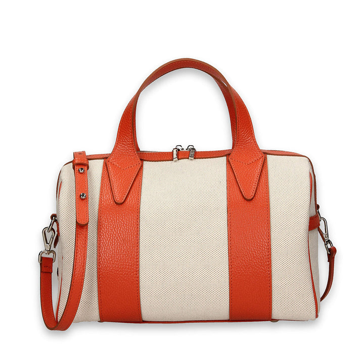 Orange and white striped handbag with shoulder strap