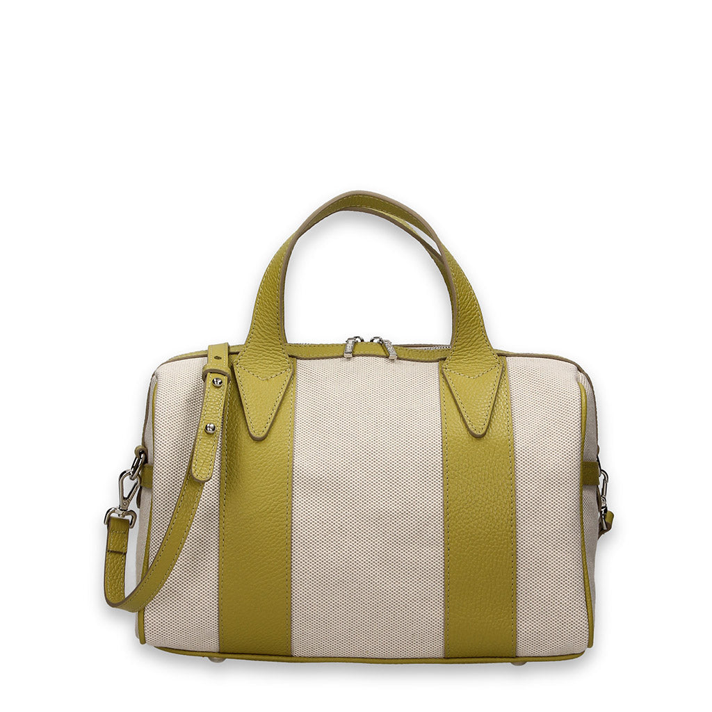 Olive and cream striped handbag with shoulder strap and top handles