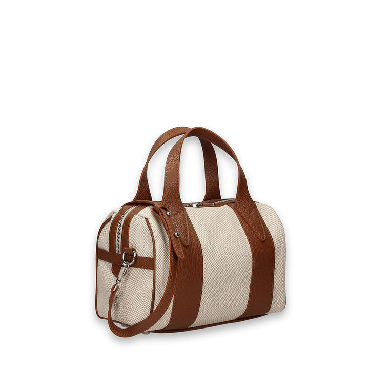 Beige canvas and brown leather duffle bag with shoulder strap and zipper