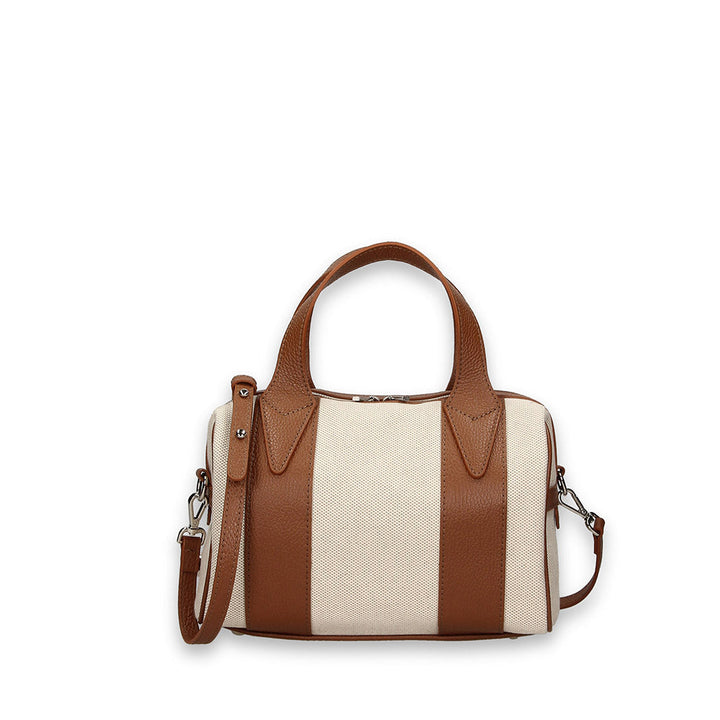 Brown and white striped handbag with shoulder strap and top handles