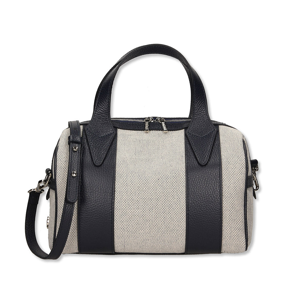 Black and white leather handbag with shoulder strap