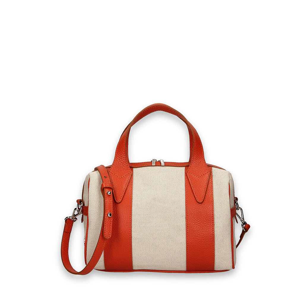 Stylish red and white striped handbag with top handles and detachable strap