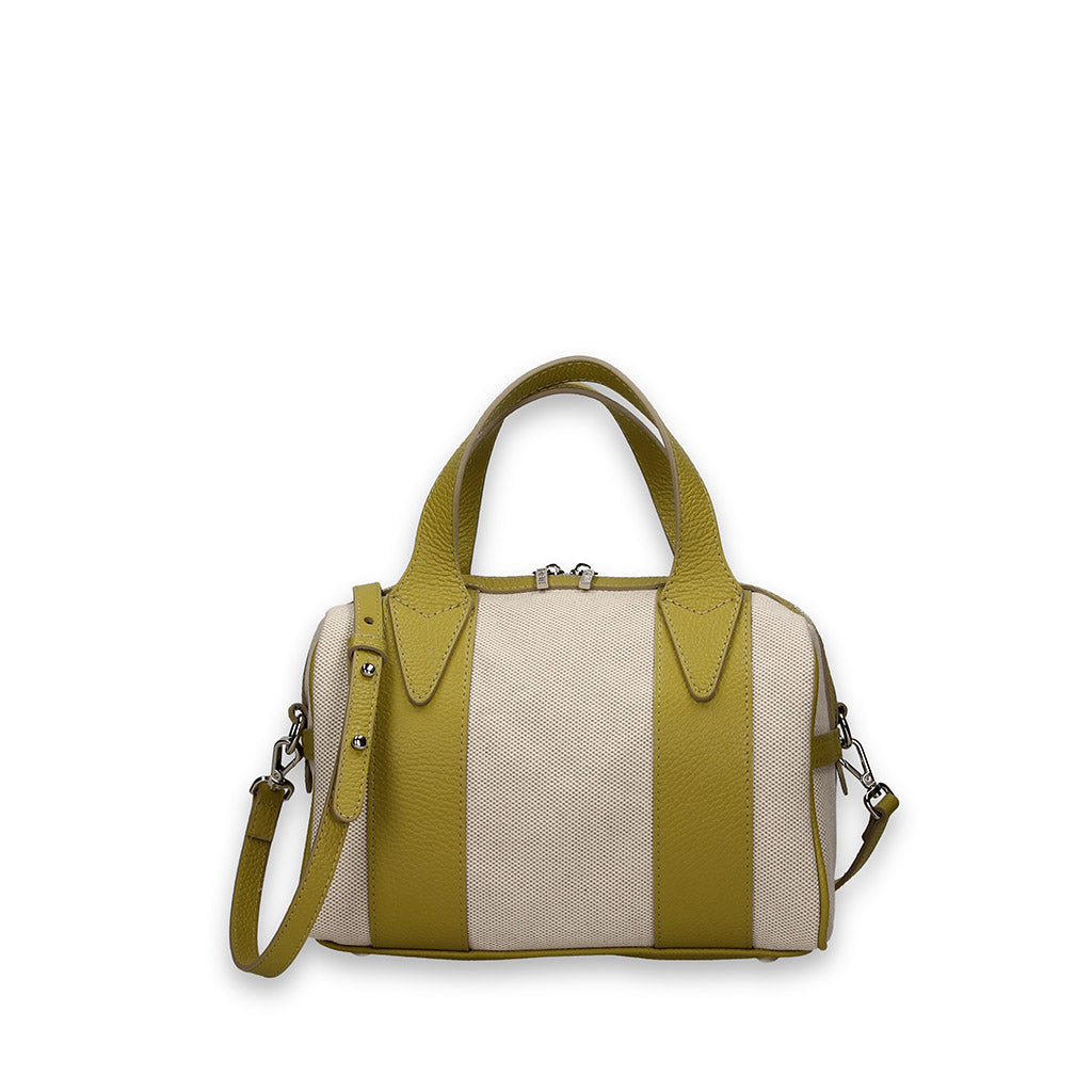 Stylish striped handbag with yellow accents and shoulder strap