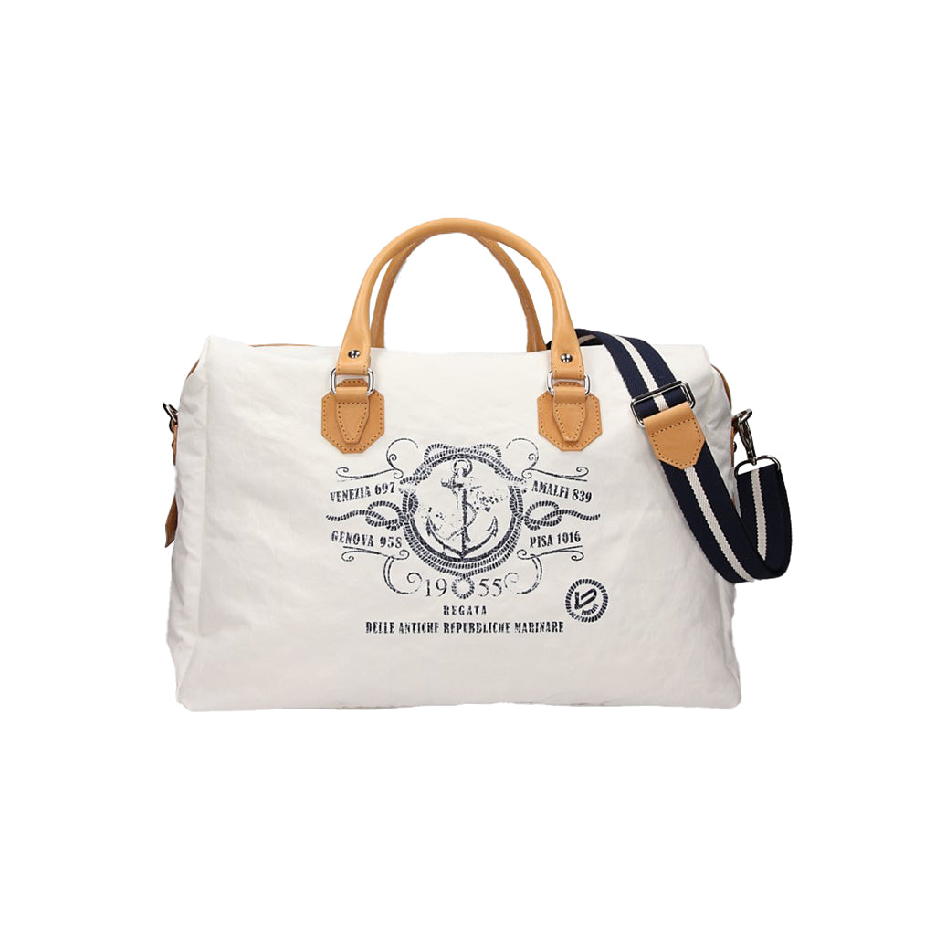 White canvas duffel bag with tan leather handles and navy shoulder strap featuring nautical design