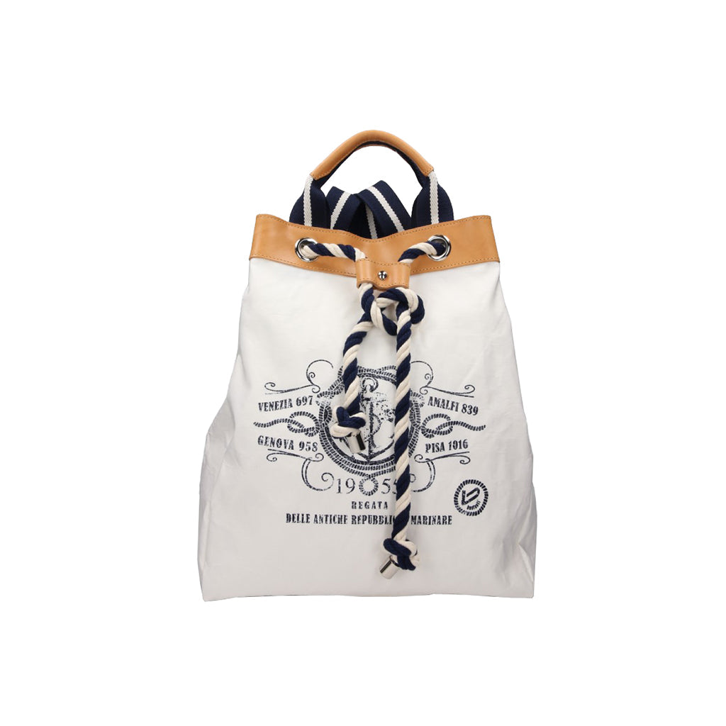 White canvas drawstring backpack with nautical print and leather accents