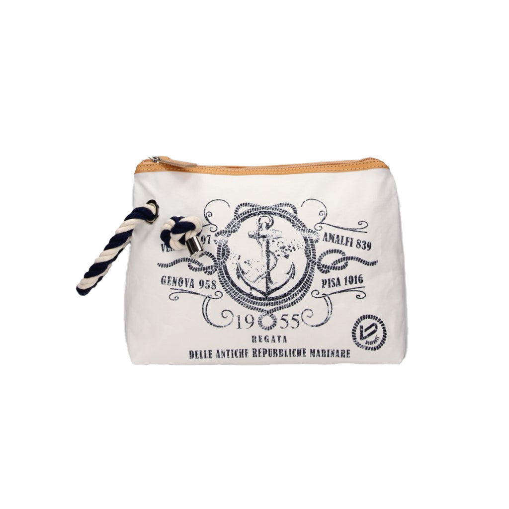 Nautical-themed white cloth bag with anchor design and rope accent