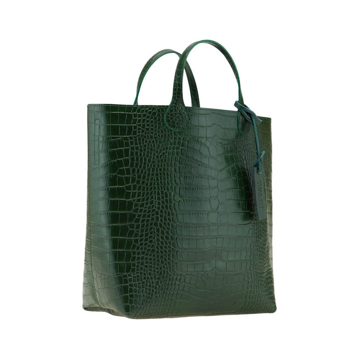 Green crocodile embossed leather tote bag with dual handles