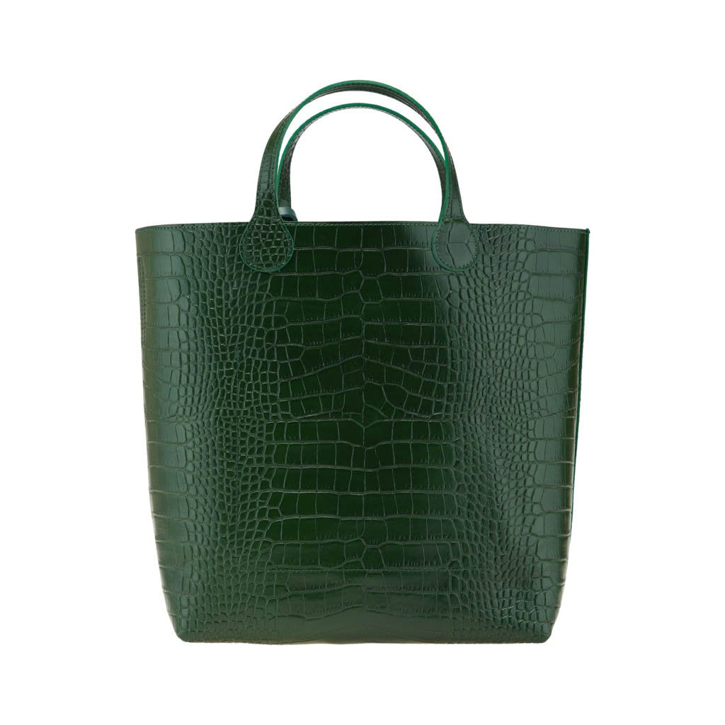 Green crocodile-embossed leather tote bag with handles