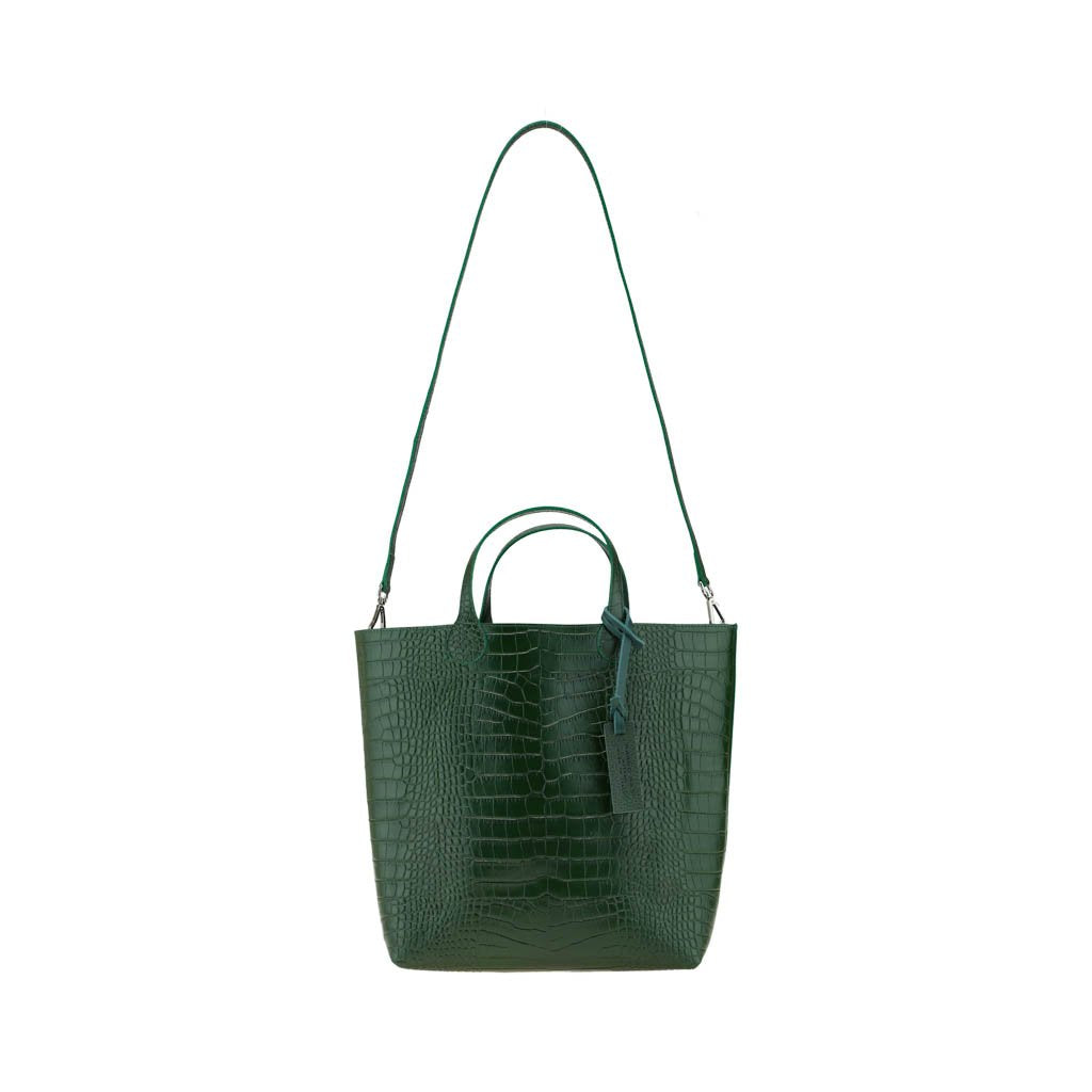 Green crocodile-pattern leather tote bag with long strap and handles