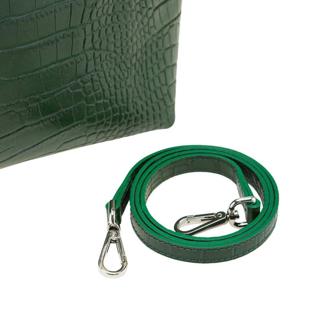 Green crocodile-textured handbag with detachable strap and silver hardware