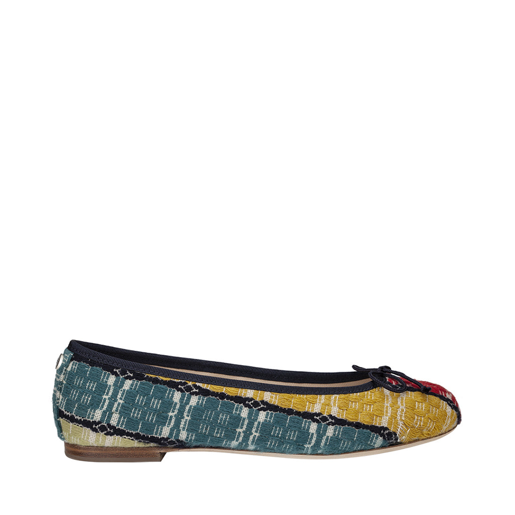 Colorful fabric flat shoe with geometric patterns