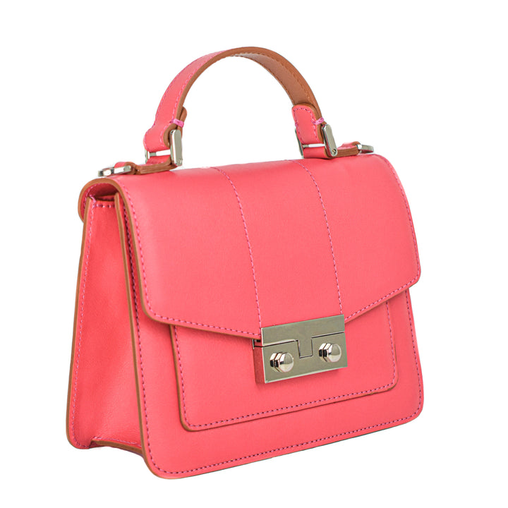 Pink leather handbag with gold clasp and handle