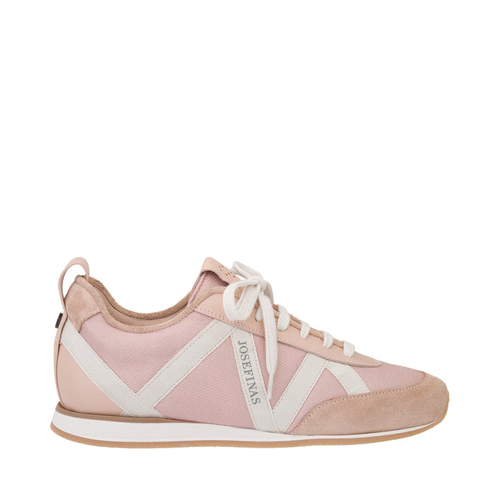 Pink and white sneaker with laces and suede accents