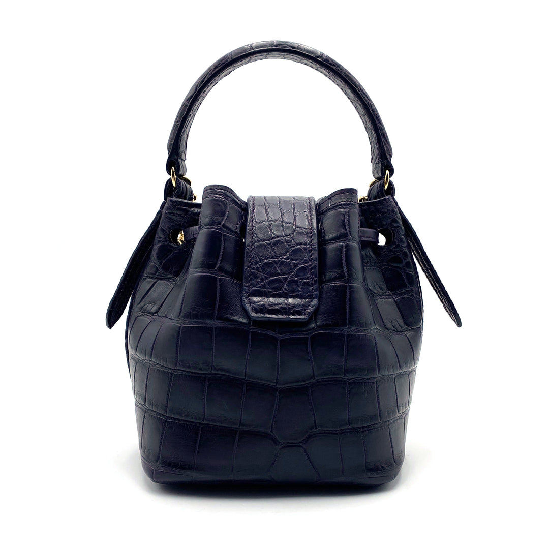 Black crocodile leather bucket bag with top handle and flap closure
