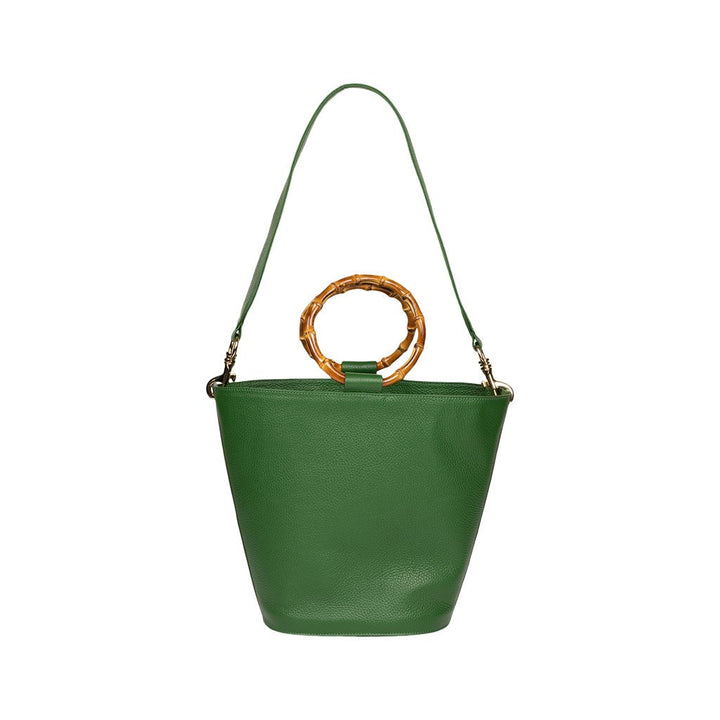 Green leather bucket bag with bamboo handle and shoulder strap