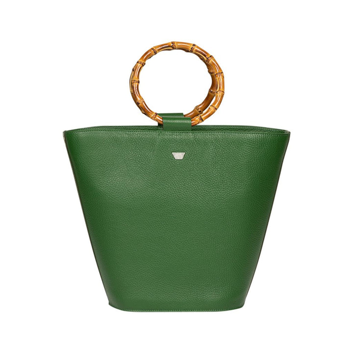 Green leather handbag with bamboo handle