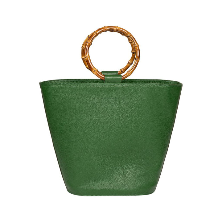Green leather handbag with bamboo handle