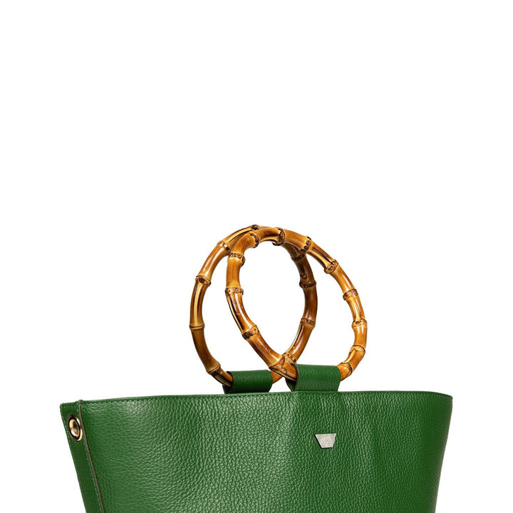Green leather handbag with bamboo handles