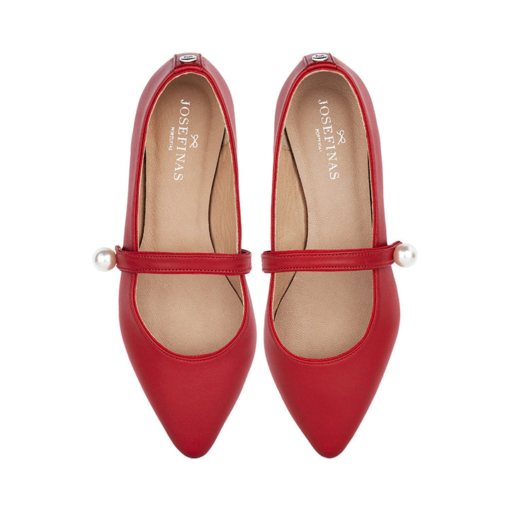 Red Mary Jane flats with pearl accent from Josefinas, top view