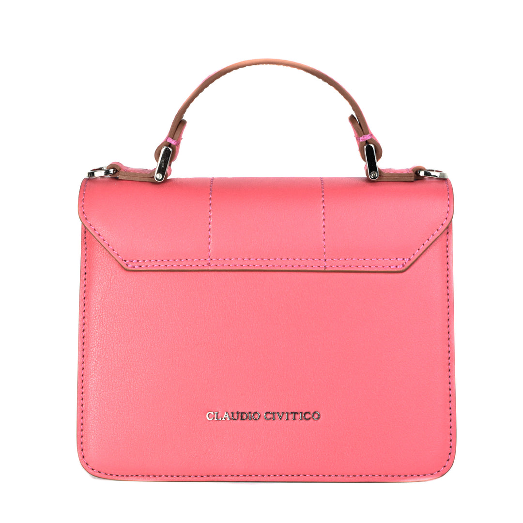 Pink leather handbag with top handle and embossed logo