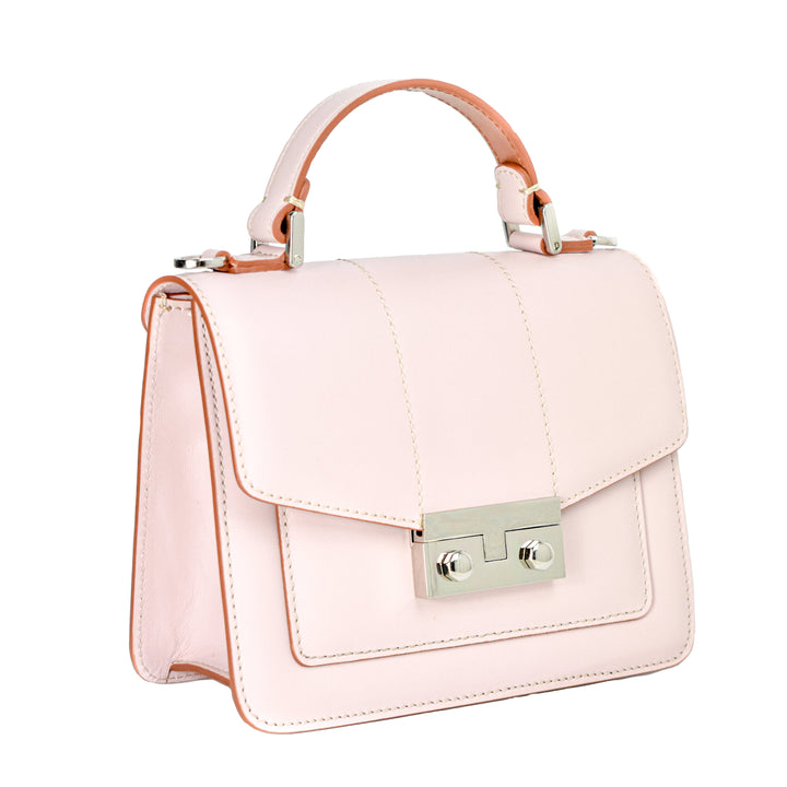 Elegant pink leather handbag with top handle and metal clasp